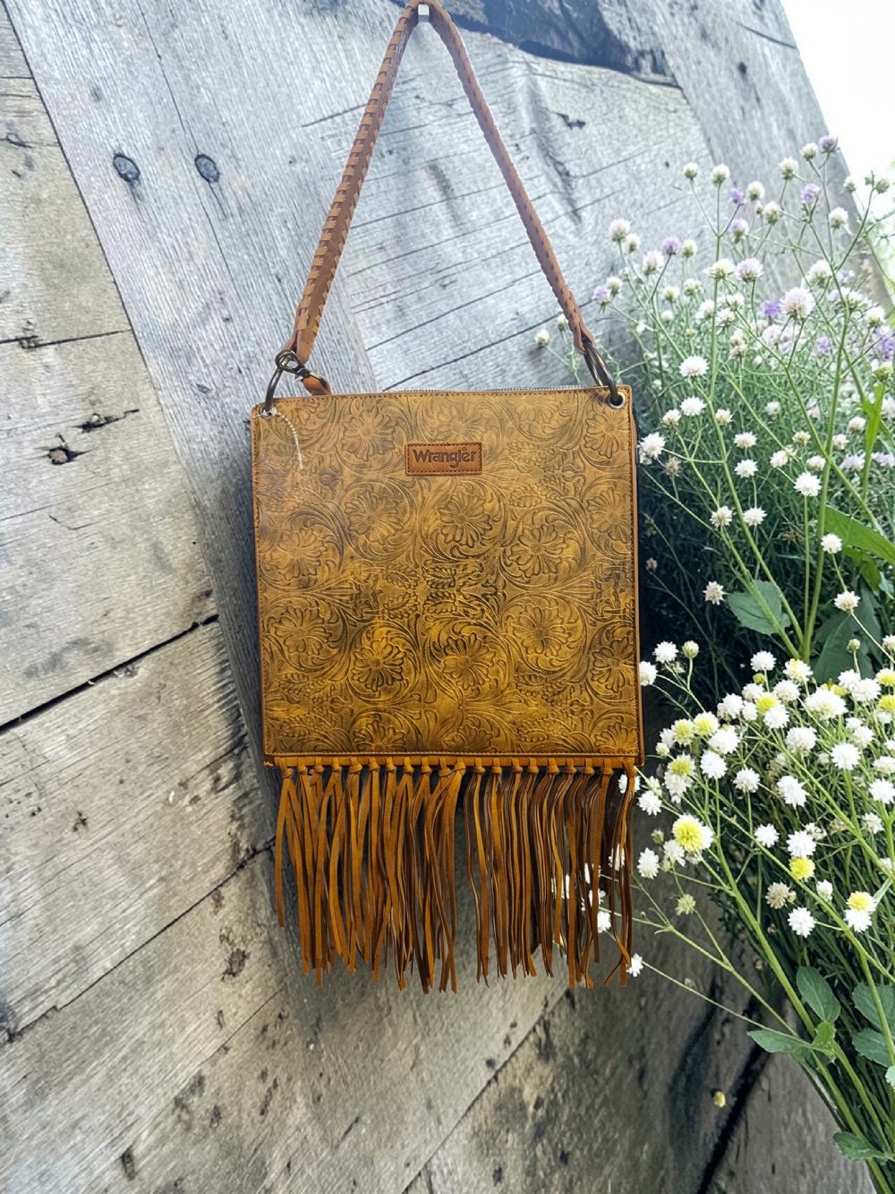 NEW Wrangler Floral Embossed Fringe Concealed Carry Hobo/Crossbody Light Brown